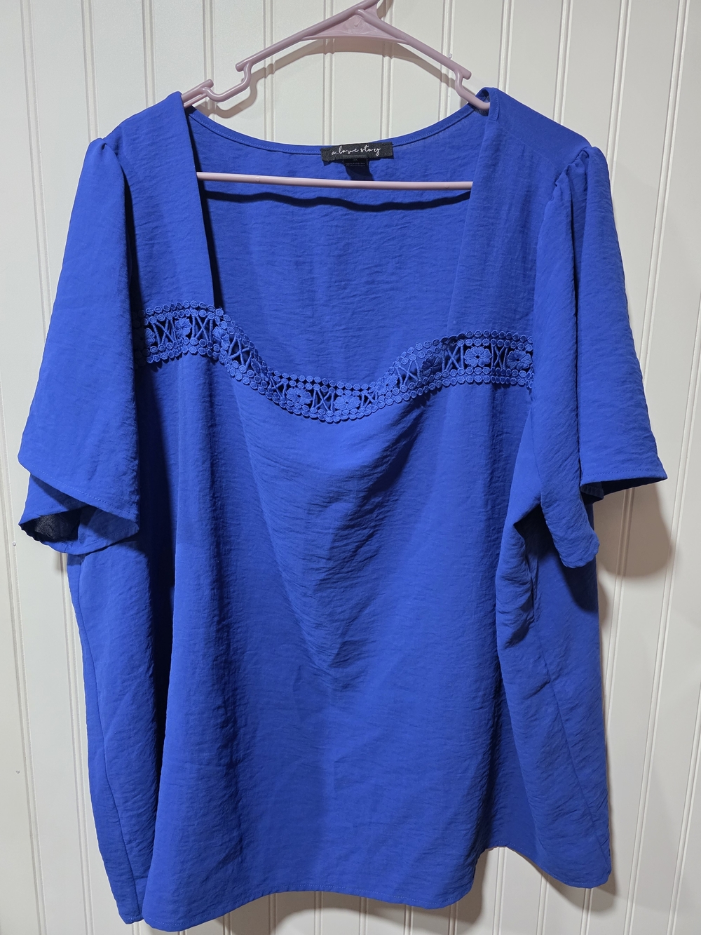 Royal Blue Lace-Trim Square Neck Blouse